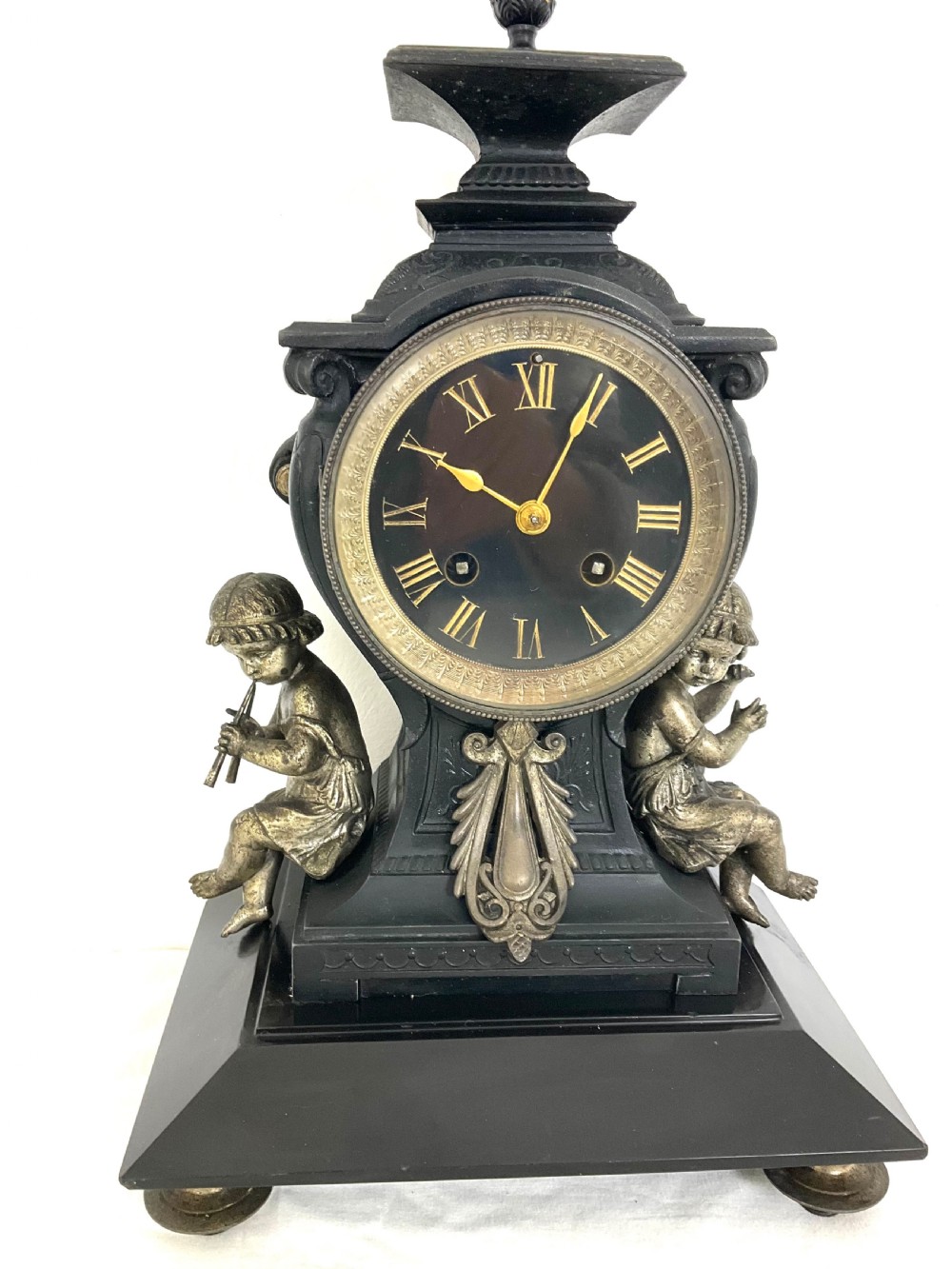 19th C. Cast Metal & Black Slate Mantel Clock With  Putti Musicians French 8 Day  View XIV
