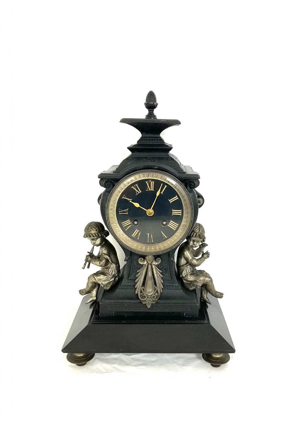 19th C. Cast Metal & Black Slate Mantel Clock With  Putti Musicians French 8 Day  View XV