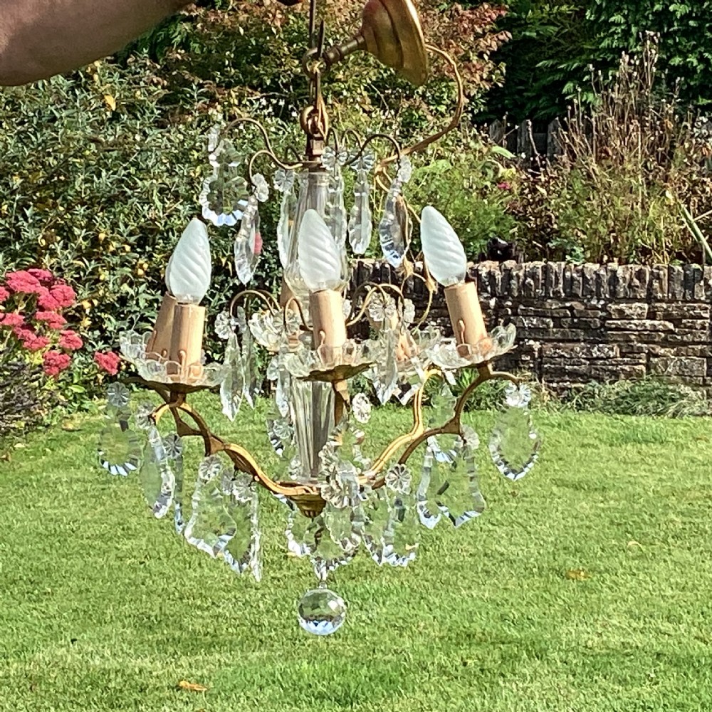 French gilt metal and glass 6 branch chandelier c1930