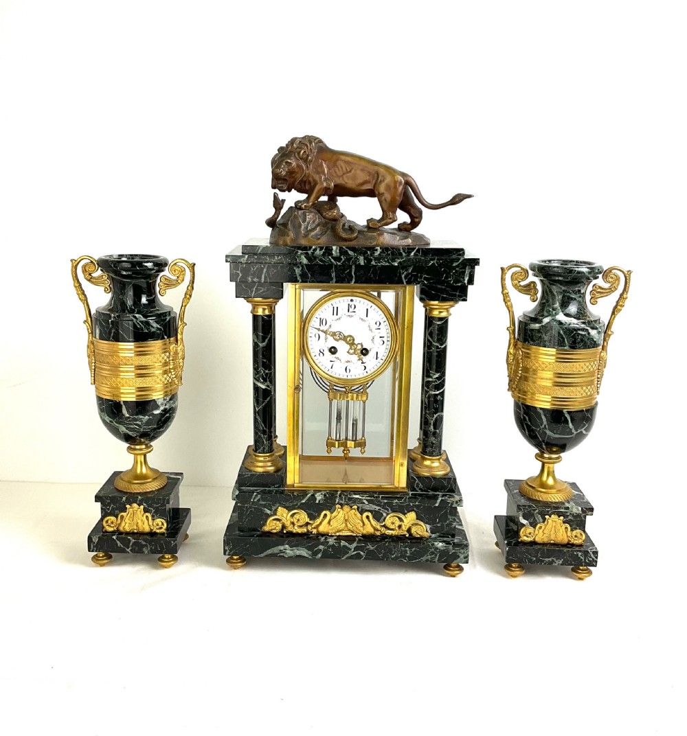 Stunning 19th Century Signed Bronze, Ormolu & Marble Clock Garniture 