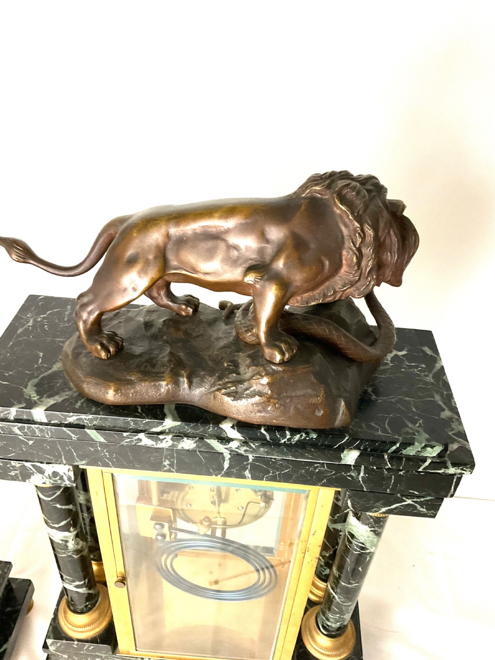 Stunning 19th Century Signed Bronze, Ormolu & Marble Clock Garniture  View VI