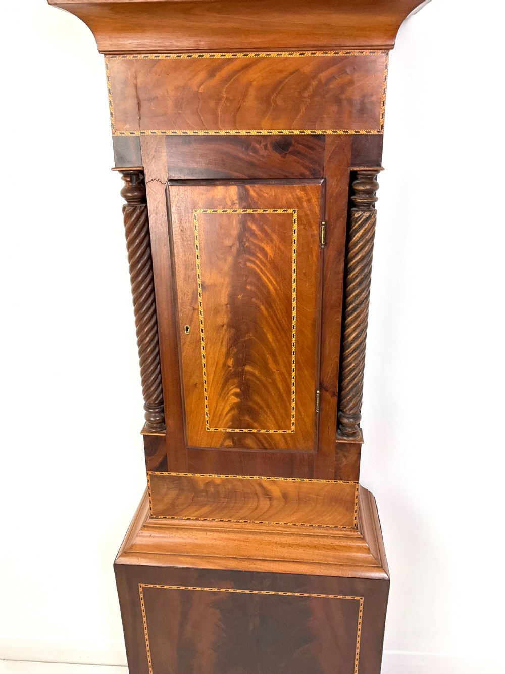 Mahogany Grandfather Longcase Clock Moon Phase Tunbridgeware Style Inlay View II