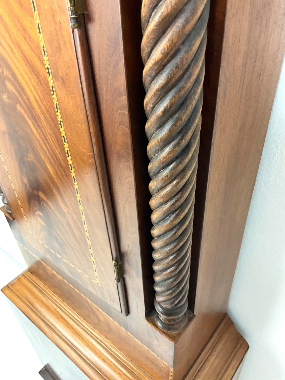 Mahogany Grandfather Longcase Clock Moon Phase Tunbridgeware Style Inlay View IV