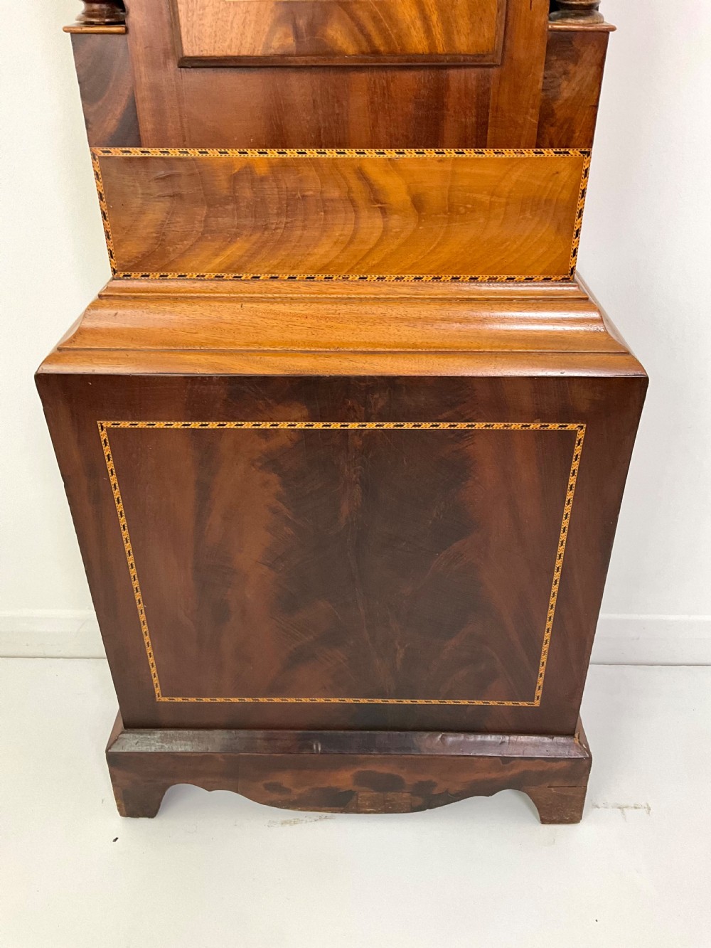 Mahogany Grandfather Longcase Clock Moon Phase Tunbridgeware Style Inlay View VI