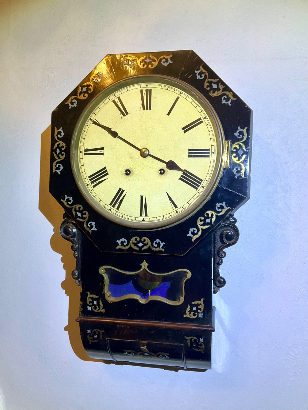 No 4 Boulle Ebonised Victorian Drop Dial Striking Wall Clock View V