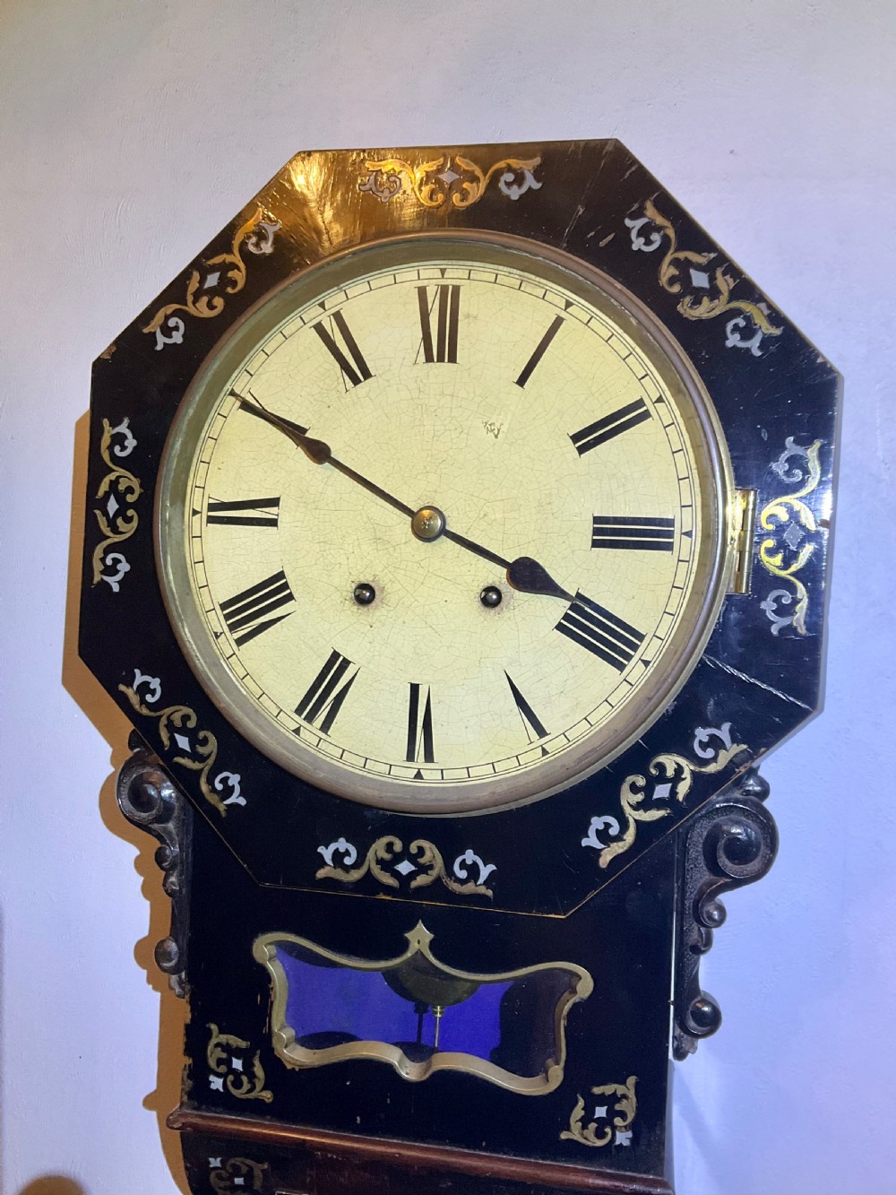 No 4 Boulle Ebonised Victorian Drop Dial Striking Wall Clock View X