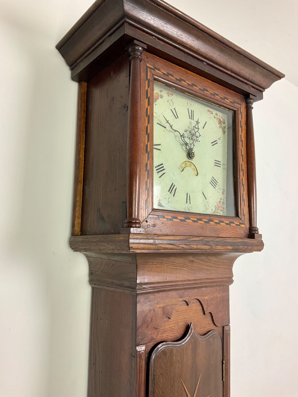 W PIKE BARNSTABLE GEORGIAN OAK GRANDFATHER LONGCASE CLOCK View V