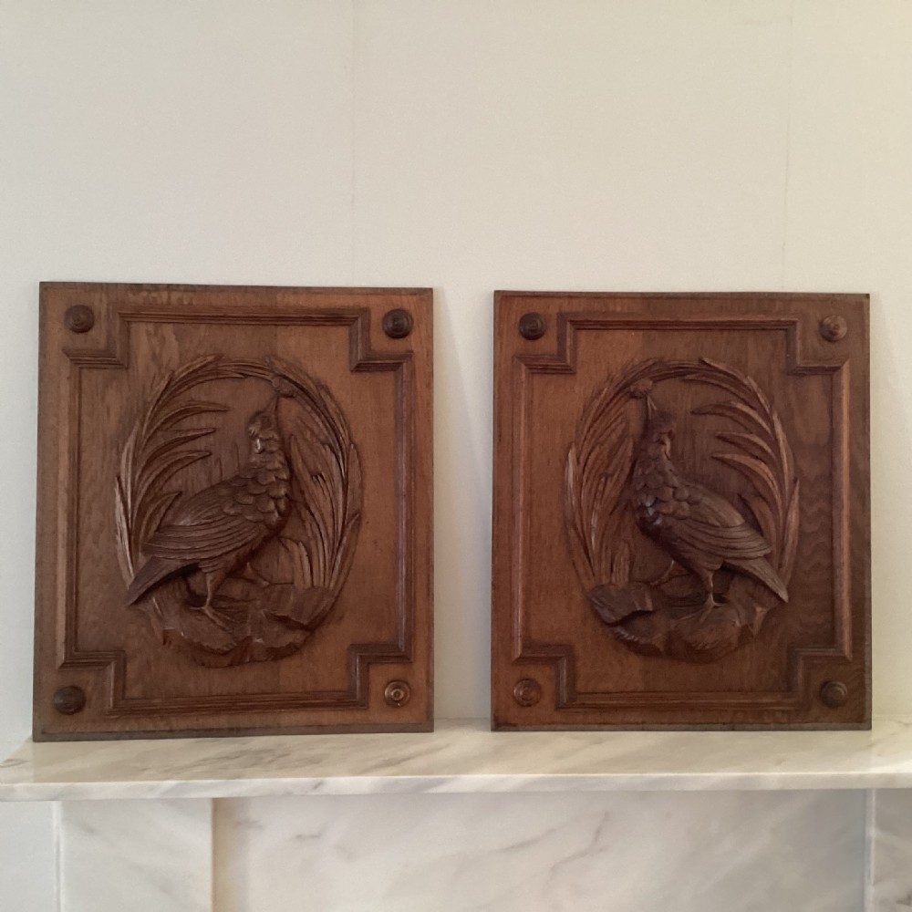 Pair Oak Door Panels with Carved Partridge 54 x 47.5cms