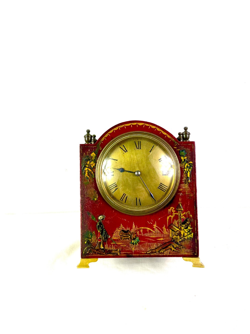 Petit Red Japanned & Gilt Chinoiserie 8 Day Mantle Clock