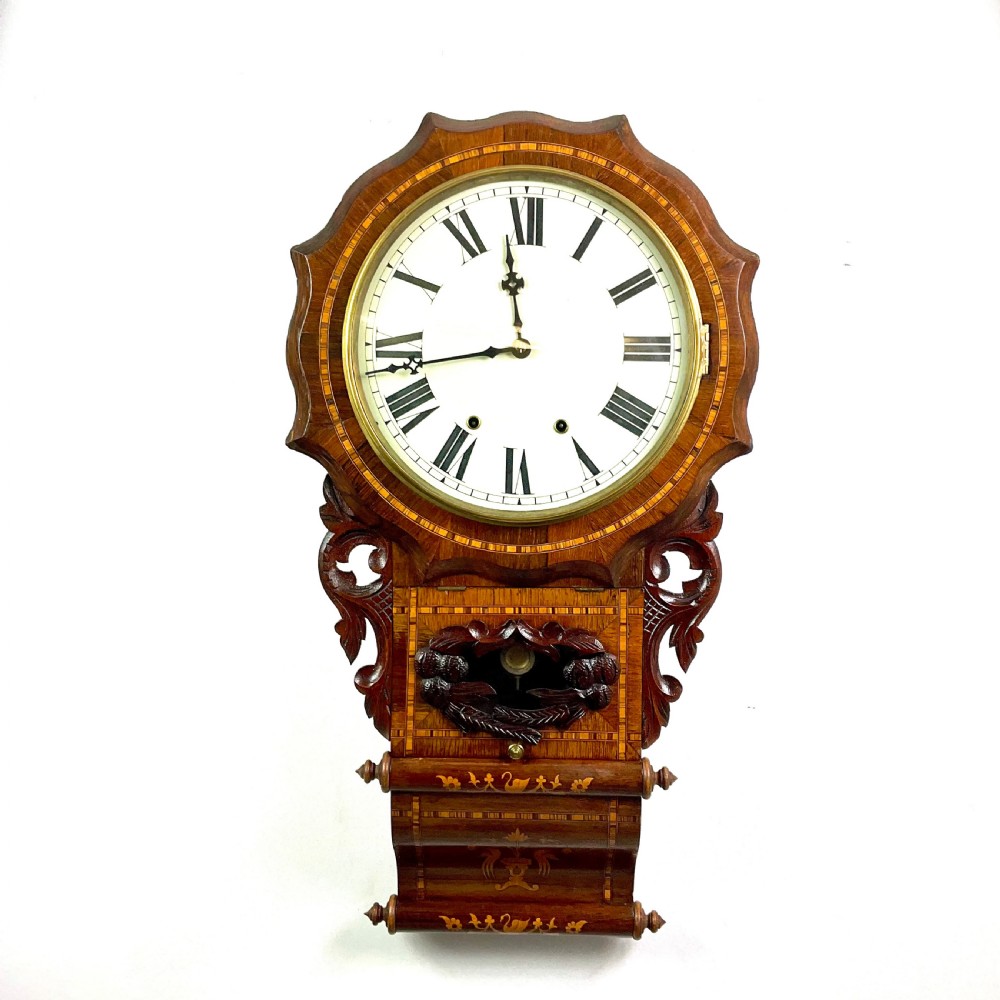 Attractive American Drop Dial Walnut & Inlaid Wall Clock