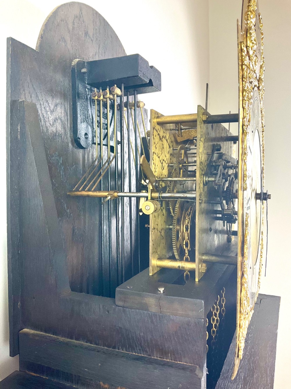 A dark oak grandmother longcase clock featuring an arched hood, clear glass door, and a brass dial with Roman numerals. View VIII