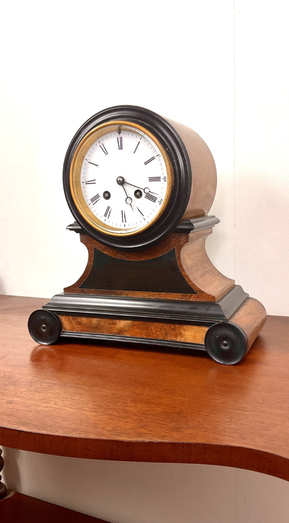 19th C. Walnut Mantel Clock with Enamel Dial