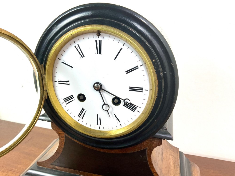 19th C. Walnut Mantel Clock with Enamel Dial View IV
