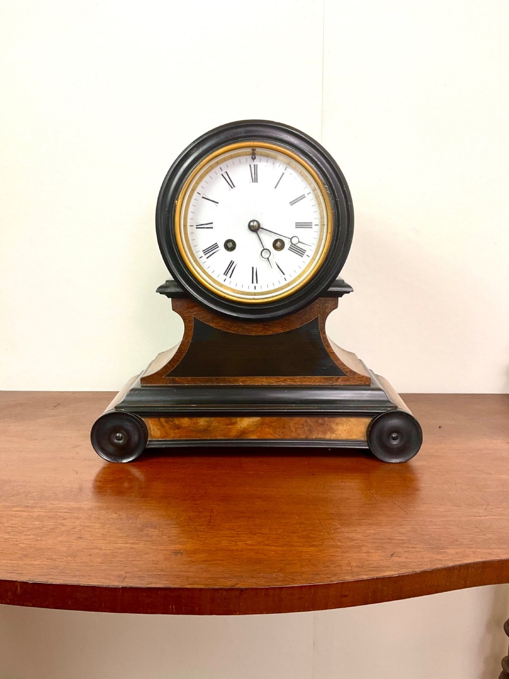 19th C. Walnut Mantel Clock with Enamel Dial View V