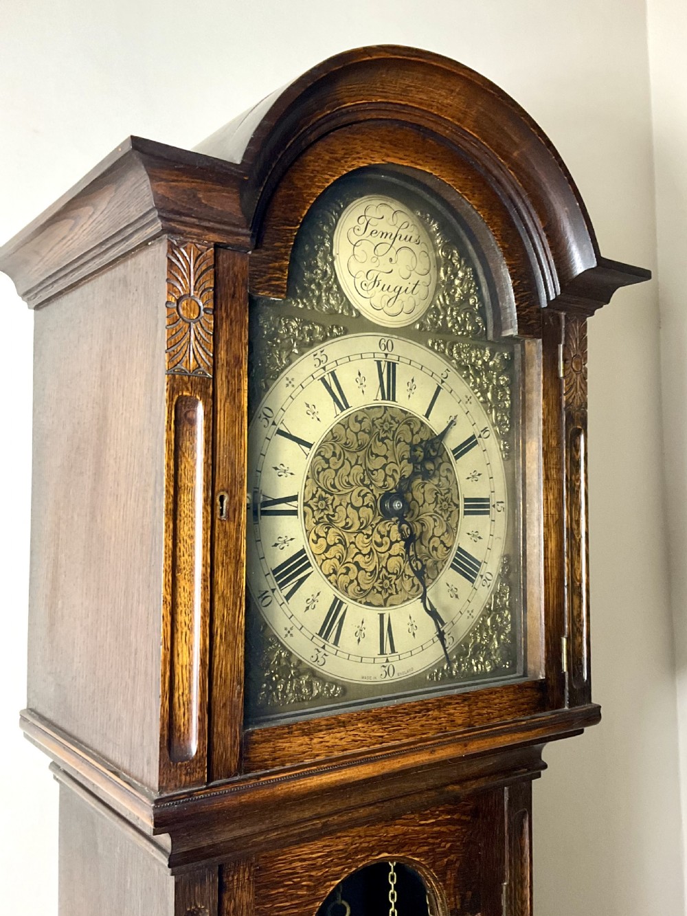 English Oak Musical  Chiming Grandmother Longcase Clock View IV