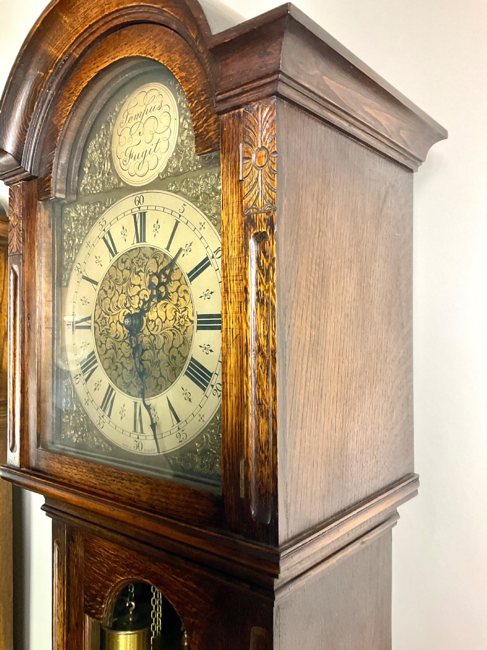 English Oak Musical  Chiming Grandmother Longcase Clock View V