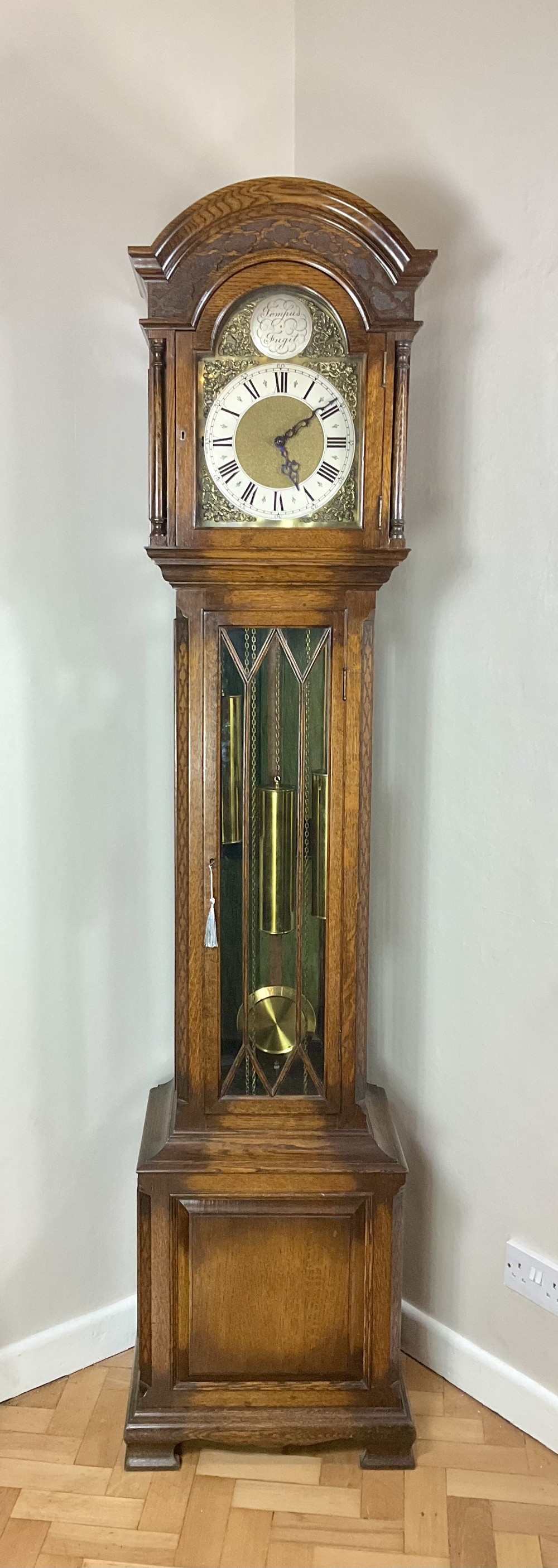 Impressive English Musical Oak Grandfather Longcase Clock 