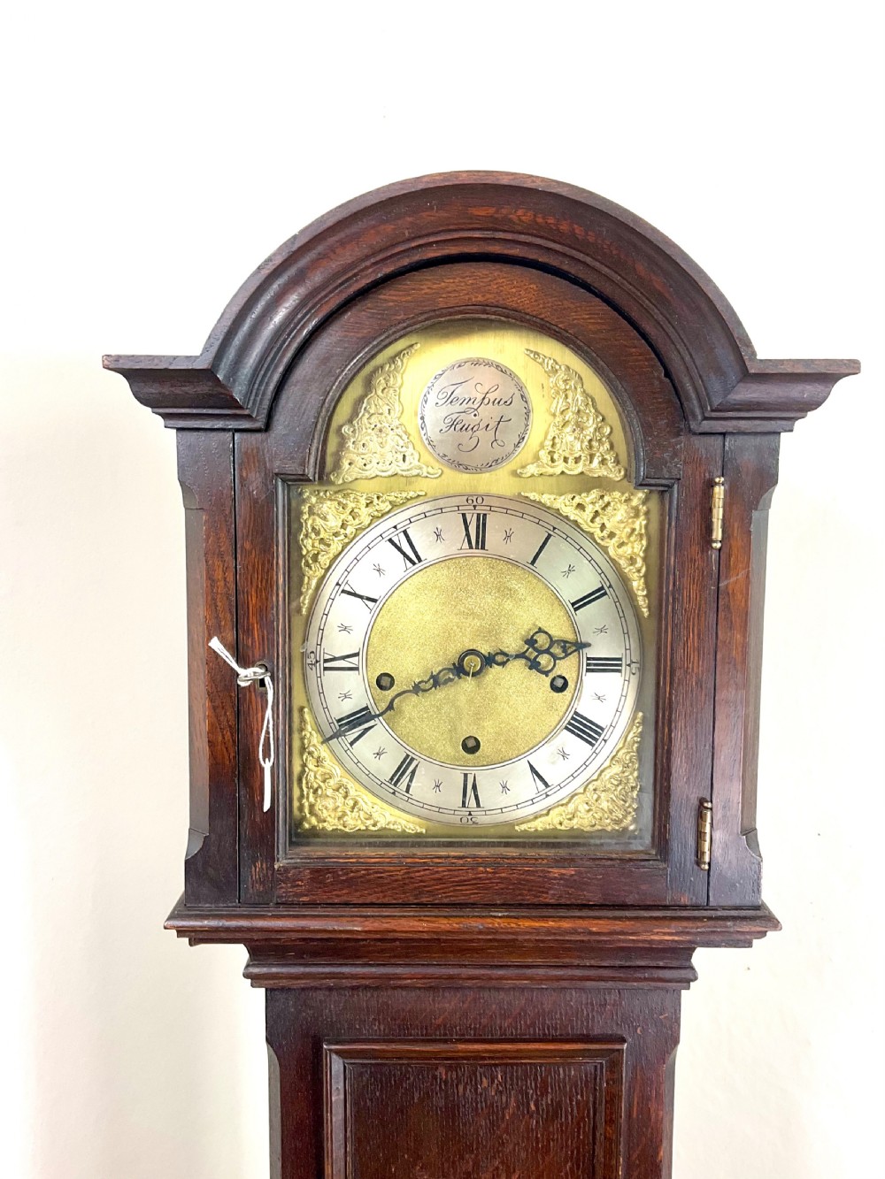 A small dark oak grandmother longcase clock featuring an arched hood, a brass dial with Roman numerals, and a carved floral motif on the trunk door. View II