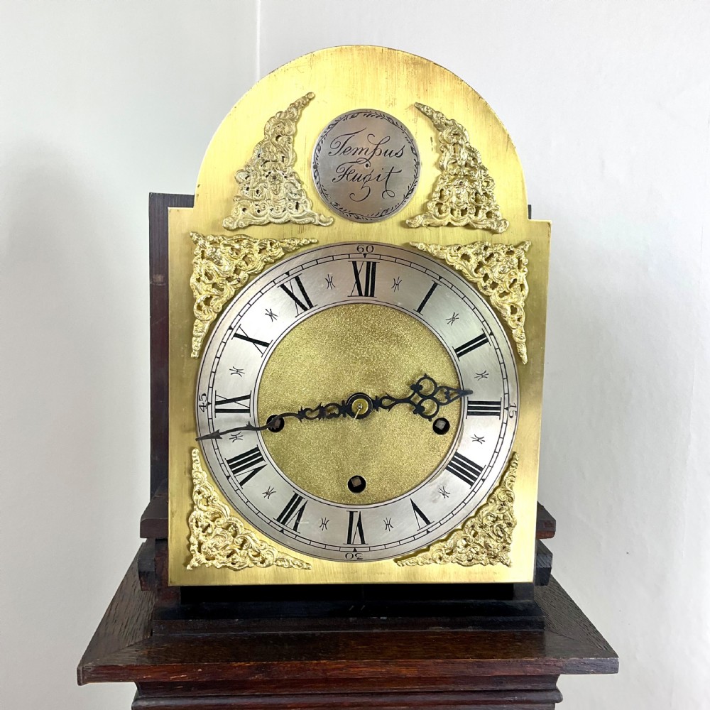 A small dark oak grandmother longcase clock featuring an arched hood, a brass dial with Roman numerals, and a carved floral motif on the trunk door. View V