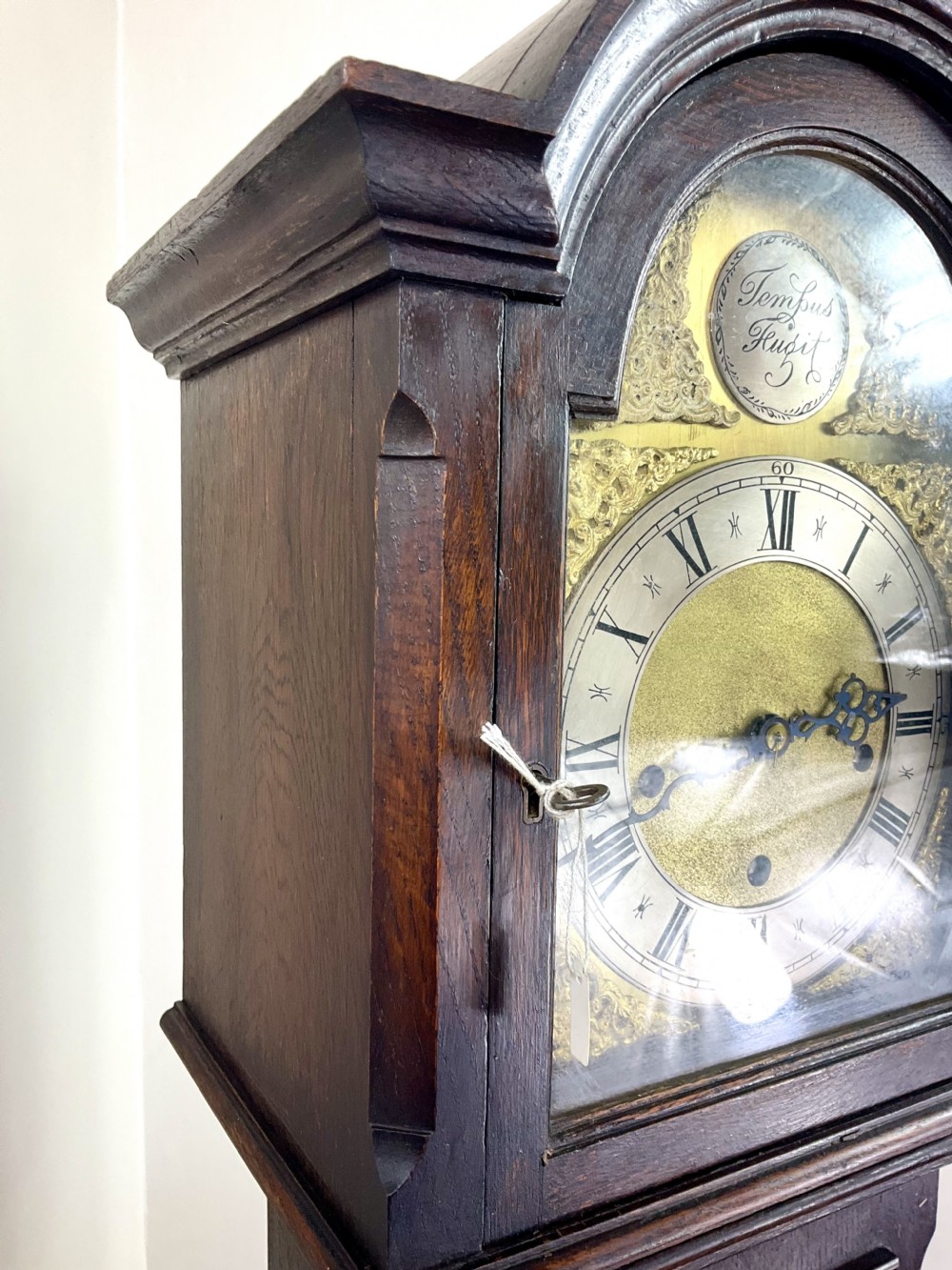 A small dark oak grandmother longcase clock featuring an arched hood, a brass dial with Roman numerals, and a carved floral motif on the trunk door. View VII