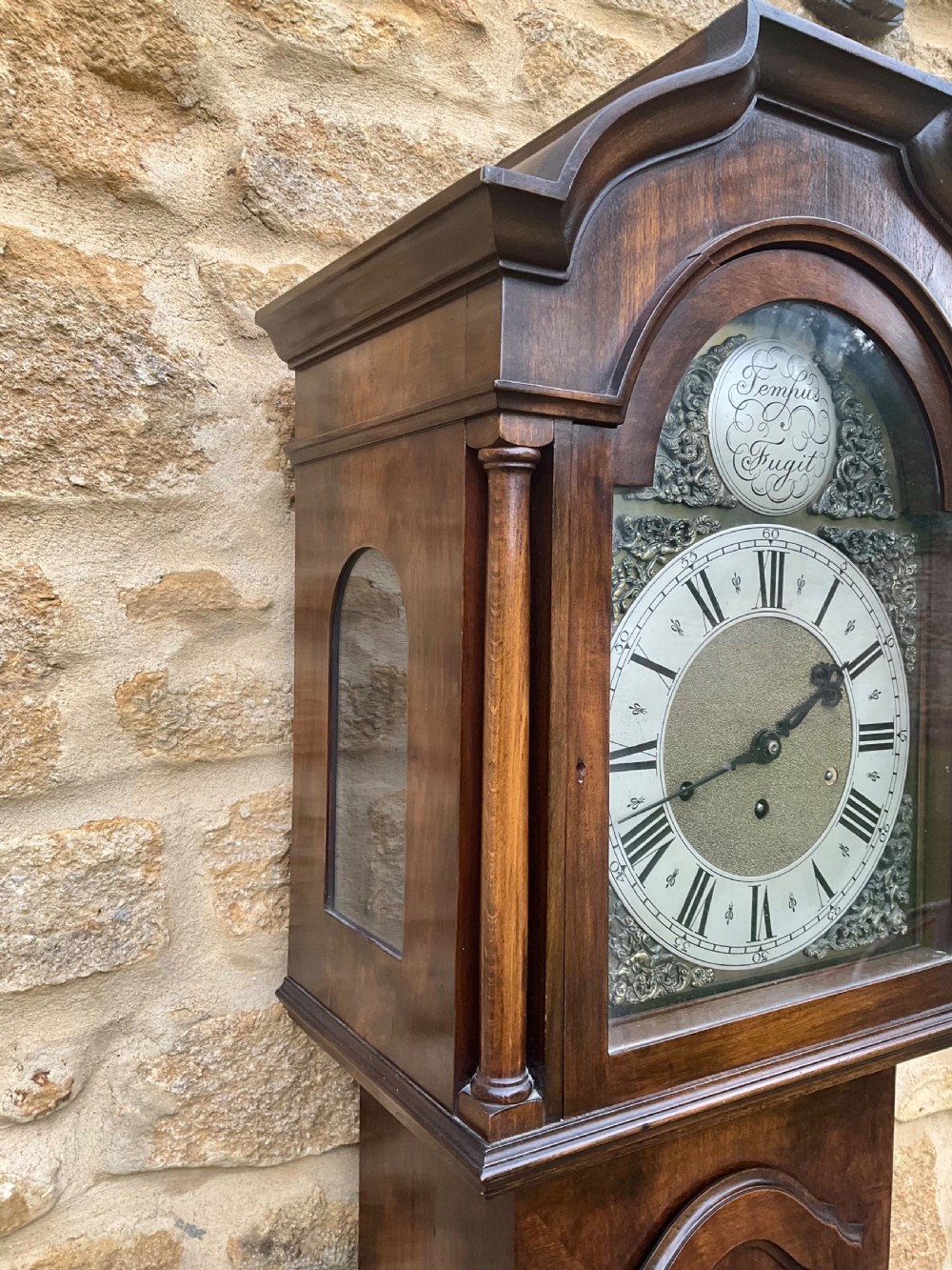 A floor-standing walnut grandmother longcase clock featuring an arched hood, brass dial with Roman numerals, long trunk door, and stepped plinth base. View XII