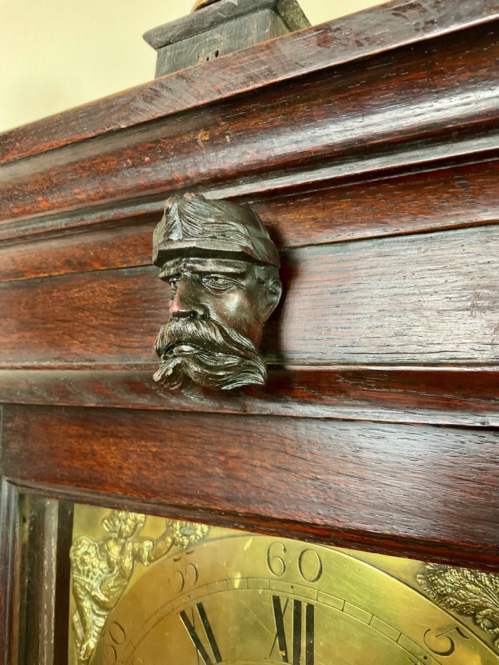 English Georgian Oak Longcase Clock, ‘Black Forest’ Carving ‘1782’  View III
