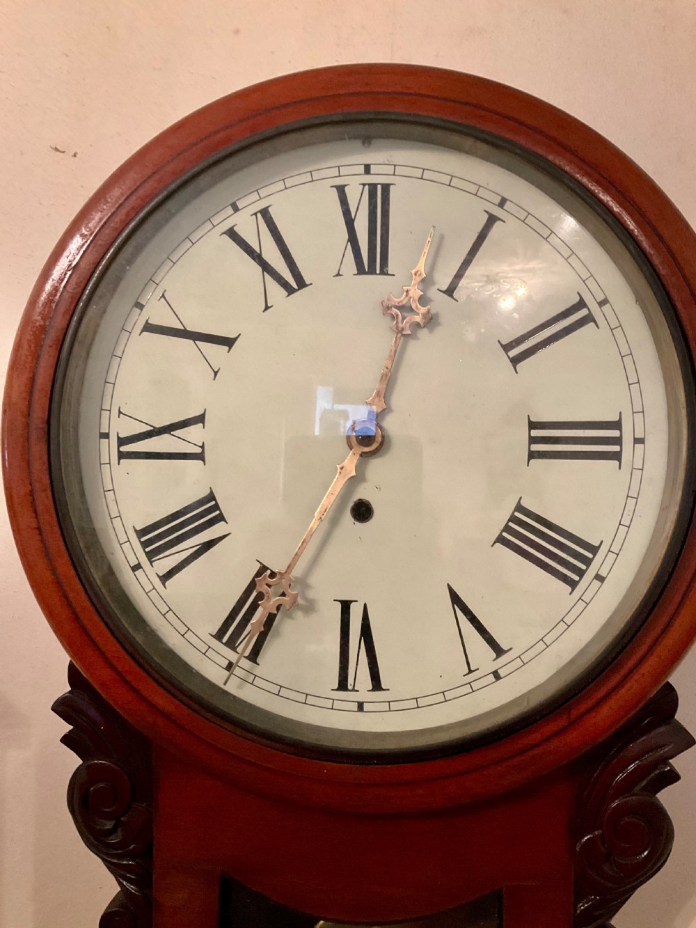 American Mahogany 19th C. Drop Dial 8 Day Wall Clock View V