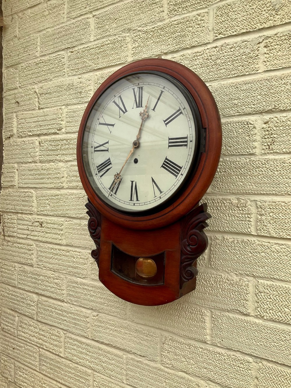 American Mahogany 19th C. Drop Dial 8 Day Wall Clock View VIII