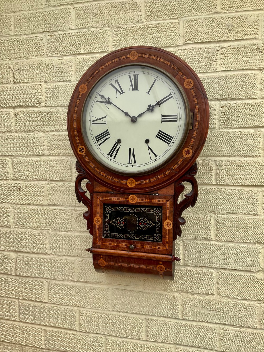 19th C Walnut Inlaid American Drop Dial Striking Wall Clock