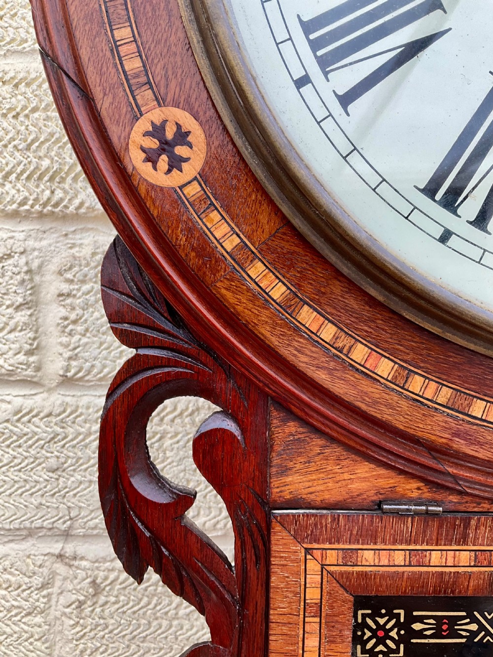 19th C Walnut Inlaid American Drop Dial Striking Wall Clock View IV