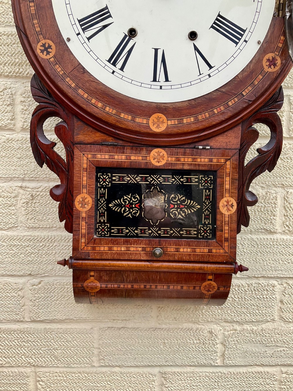 19th C Walnut Inlaid American Drop Dial Striking Wall Clock View V