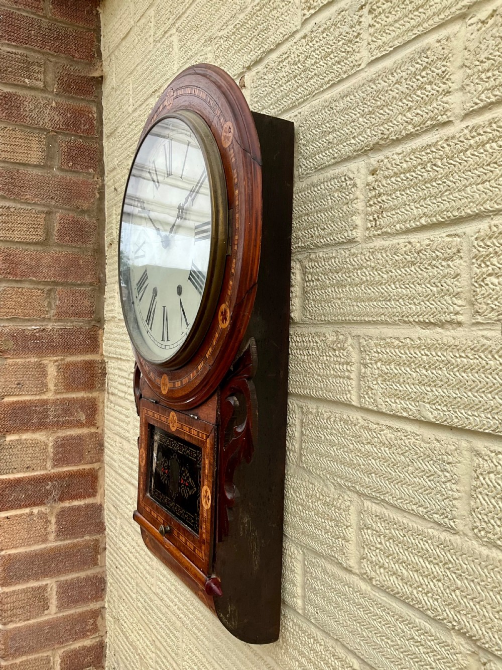 19th C Walnut Inlaid American Drop Dial Striking Wall Clock View VII