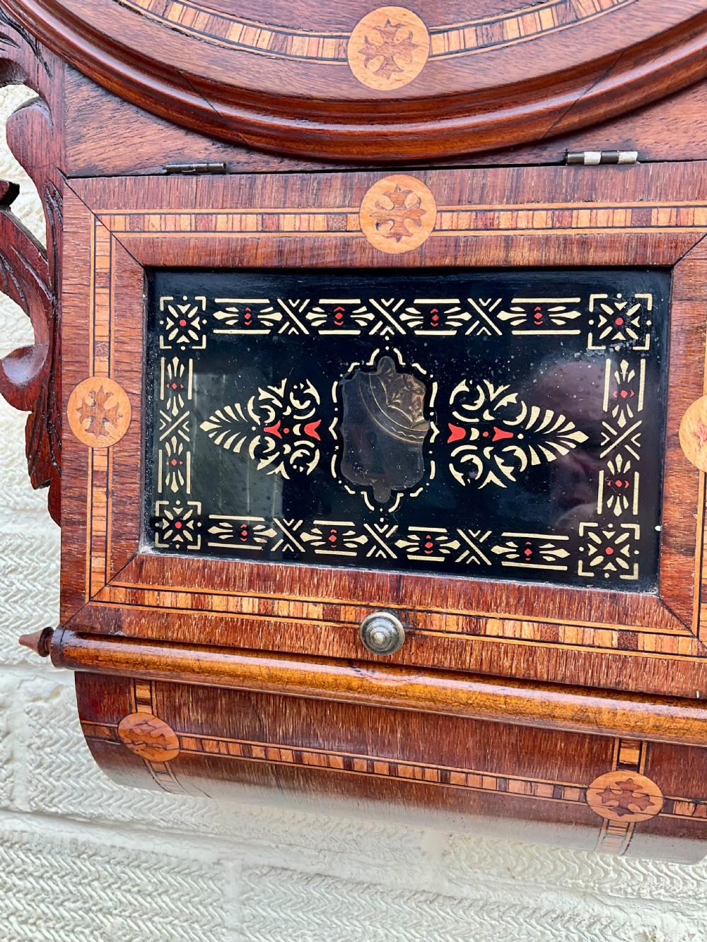 19th C Walnut Inlaid American Drop Dial Striking Wall Clock View VIII