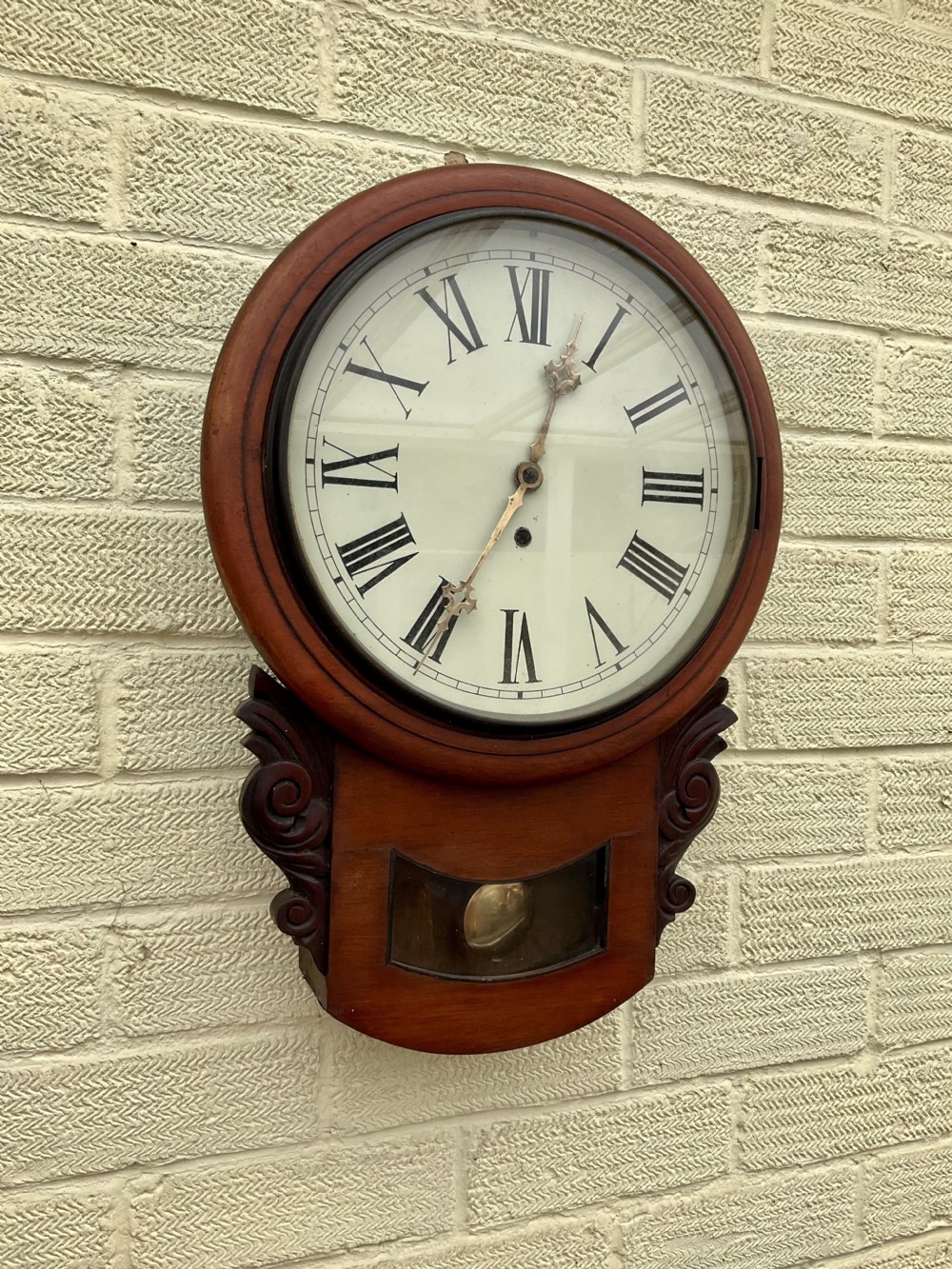 American Mahogany 19th C. Drop Dial 8 Day Wall Clock View VI