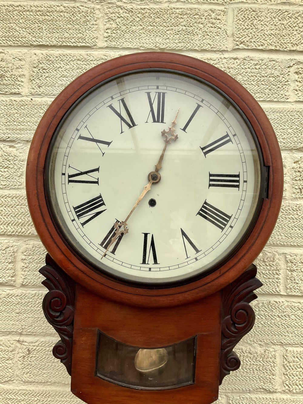 American Mahogany 19th C. Drop Dial 8 Day Wall Clock View IX