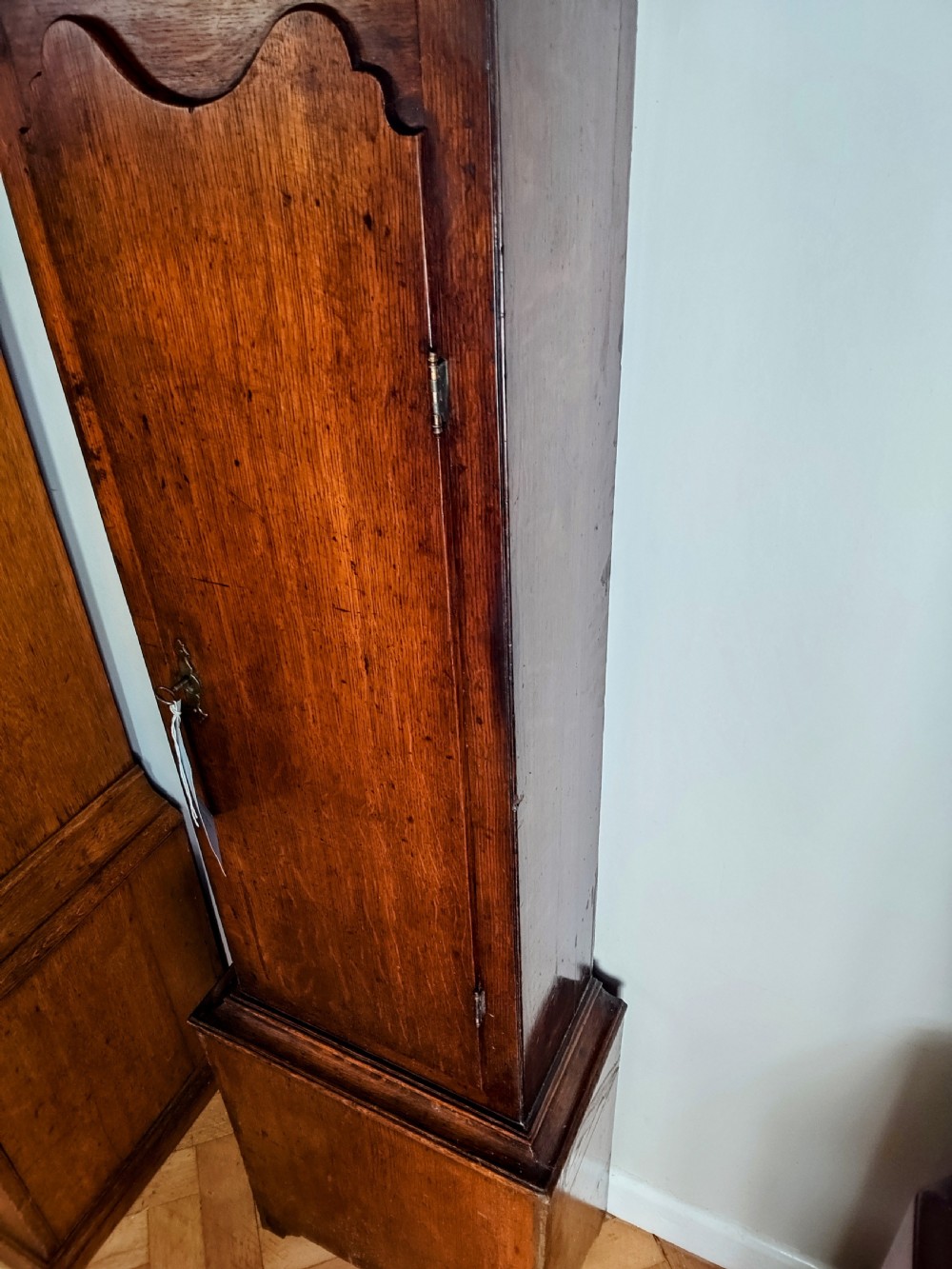 A Georgian oak and mahogany longcase clock featuring a swan-neck pediment, brass patera ornaments, fluted columns, and a painted arch dial. View VI