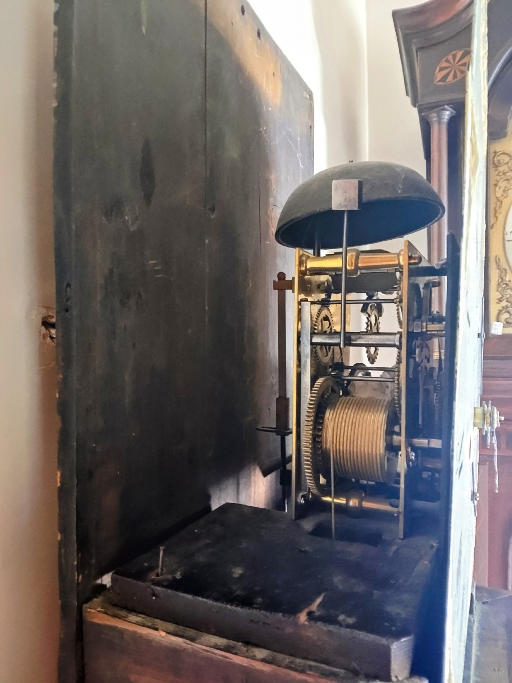 A Georgian oak and mahogany longcase clock featuring a swan-neck pediment, brass patera ornaments, fluted columns, and a painted arch dial. View IX