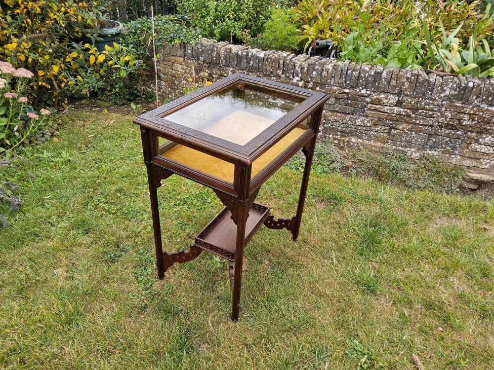 A rectangular dark mahogany bijouterie table featuring glazed sides and top, a gold fabric lining inside, pierced fretwork corner spandrels, and a lower tier shelf with a fretwork gallery. View III