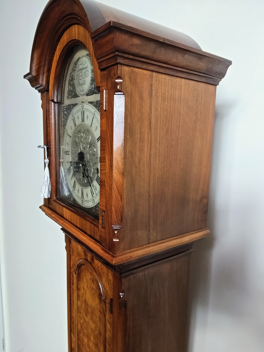 A tall burr walnut grandmother longcase clock featuring an arched hood, silvered dial with Roman numerals, and an arched trunk door. View VII