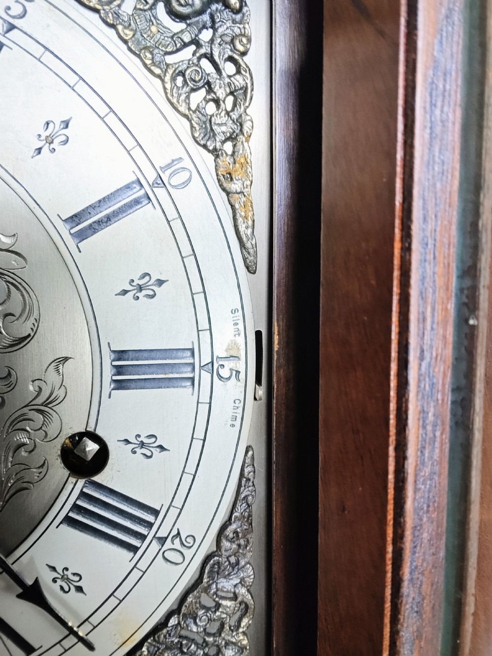 A tall burr walnut grandmother longcase clock featuring an arched hood, silvered dial with Roman numerals, and an arched trunk door. View VIII
