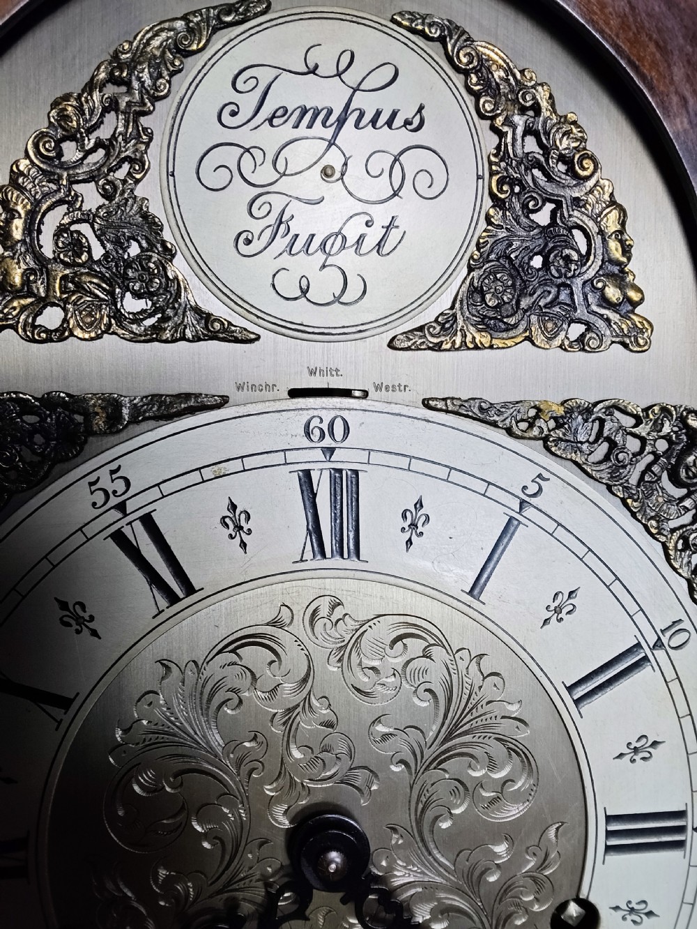 A tall burr walnut grandmother longcase clock featuring an arched hood, silvered dial with Roman numerals, and an arched trunk door. View XI
