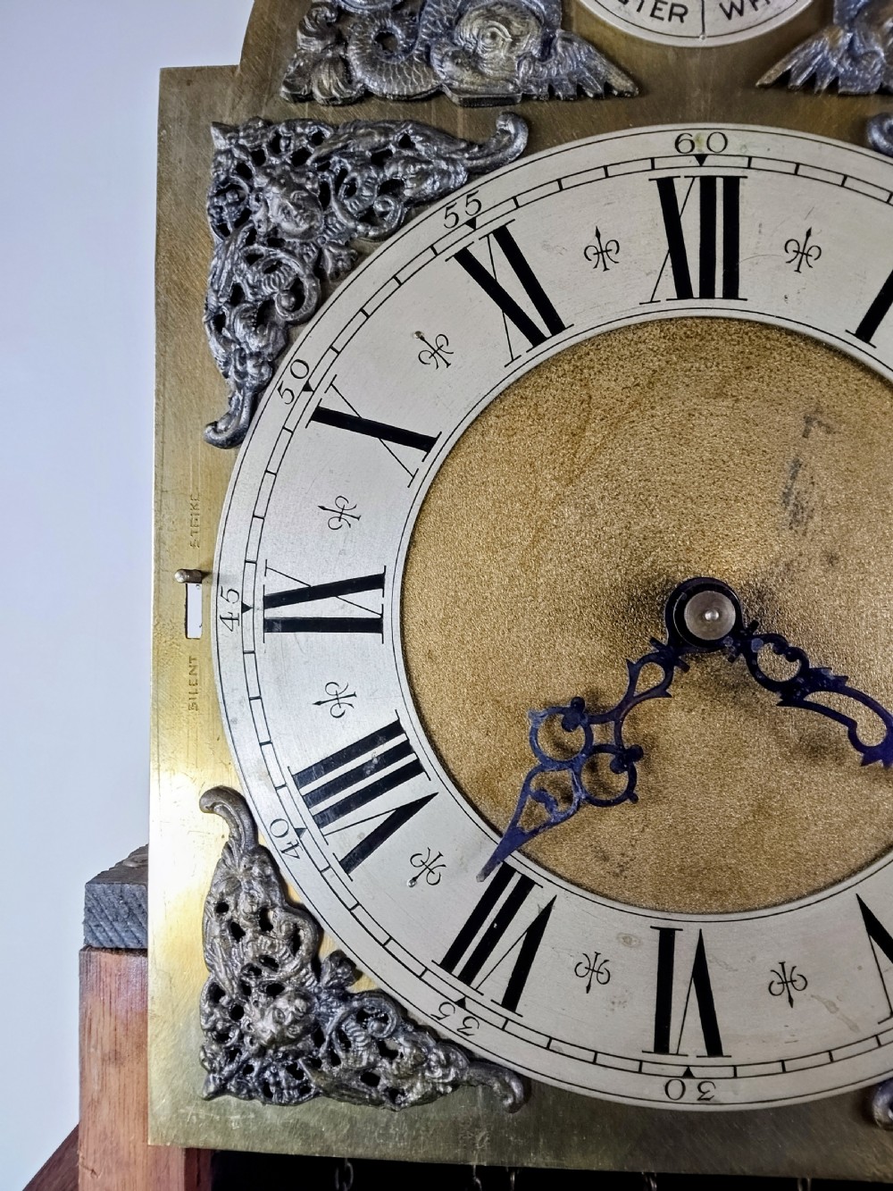 A tall mahogany longcase clock featuring an arched hood, glass door displaying a brass dial with silvered chapter ring, fluted side columns, and a moulded plinth base. View XIII