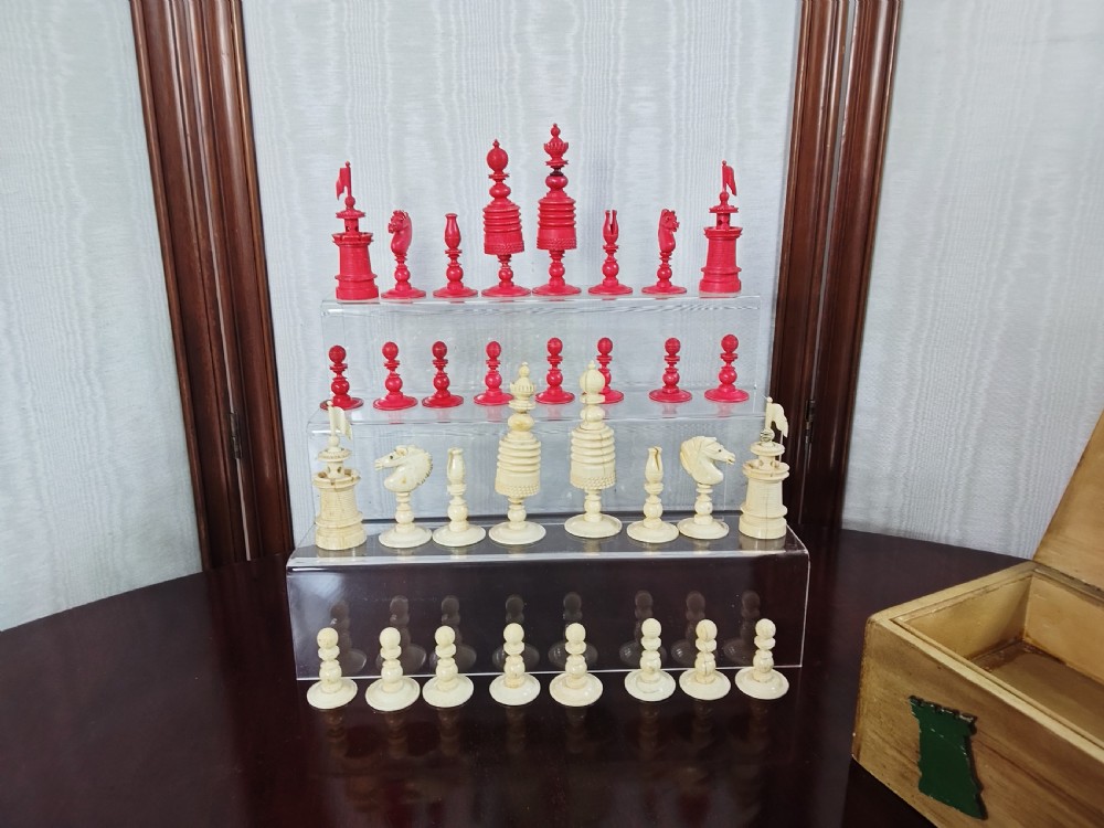19th C Fine Carved Bone Chess Set with Box