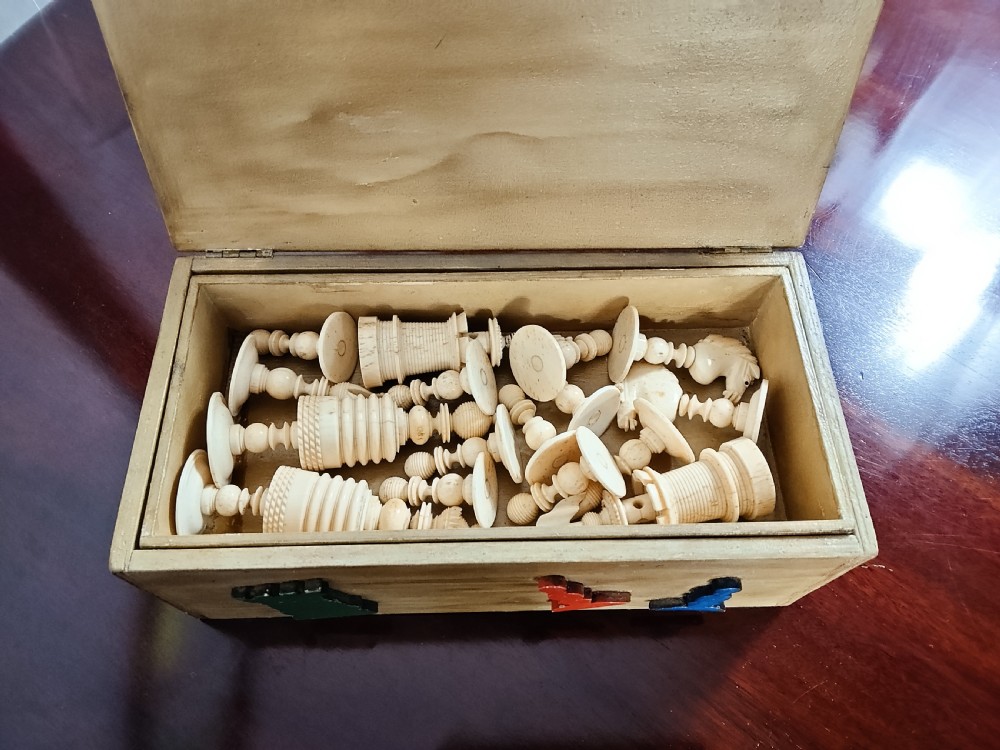 19th C Fine Carved Bone Chess Set with Box View II