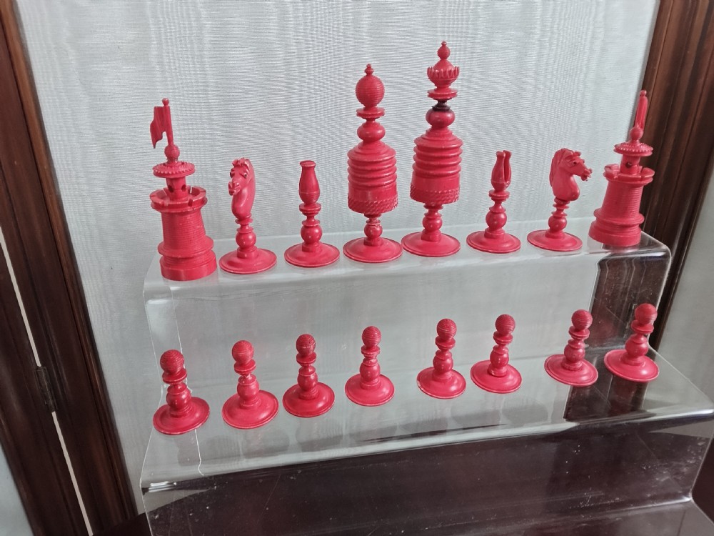 19th C Fine Carved Bone Chess Set with Box View III