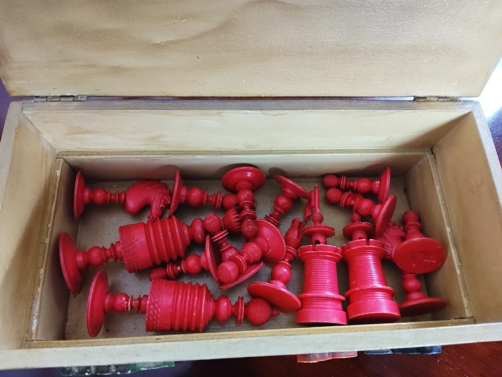 19th C Fine Carved Bone Chess Set with Box View IV