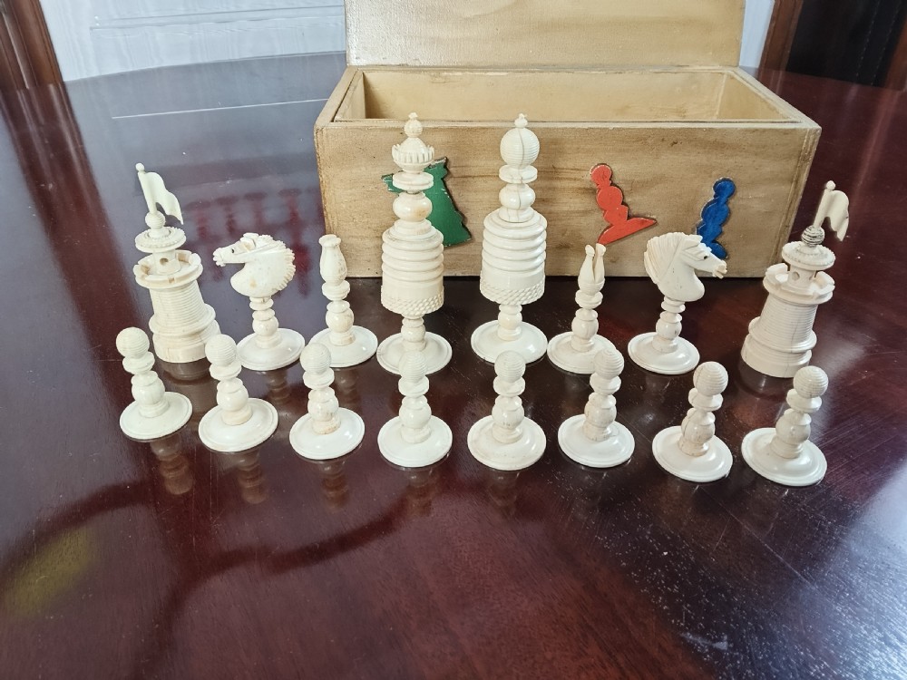 19th C Fine Carved Bone Chess Set with Box View VI