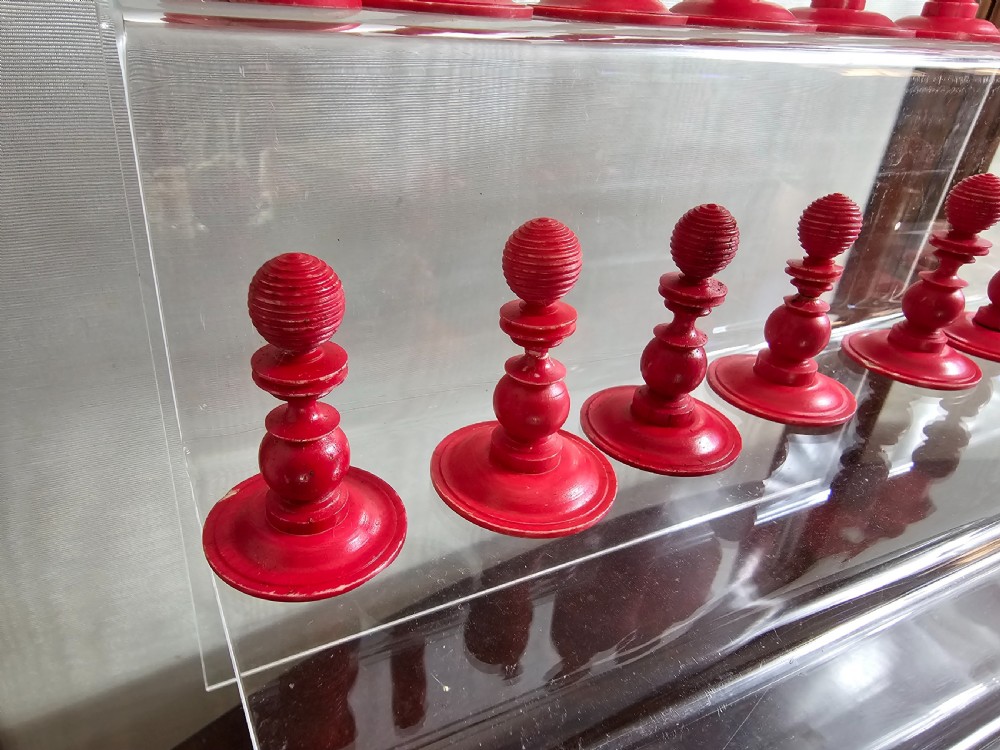 19th C Fine Carved Bone Chess Set with Box View VII