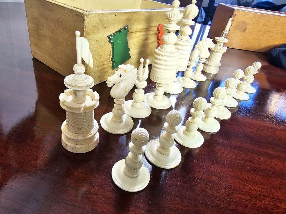 19th C Fine Carved Bone Chess Set with Box View VIII