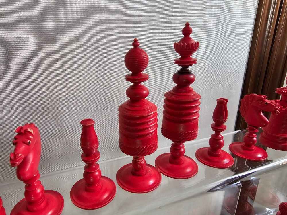 19th C Fine Carved Bone Chess Set with Box View IX